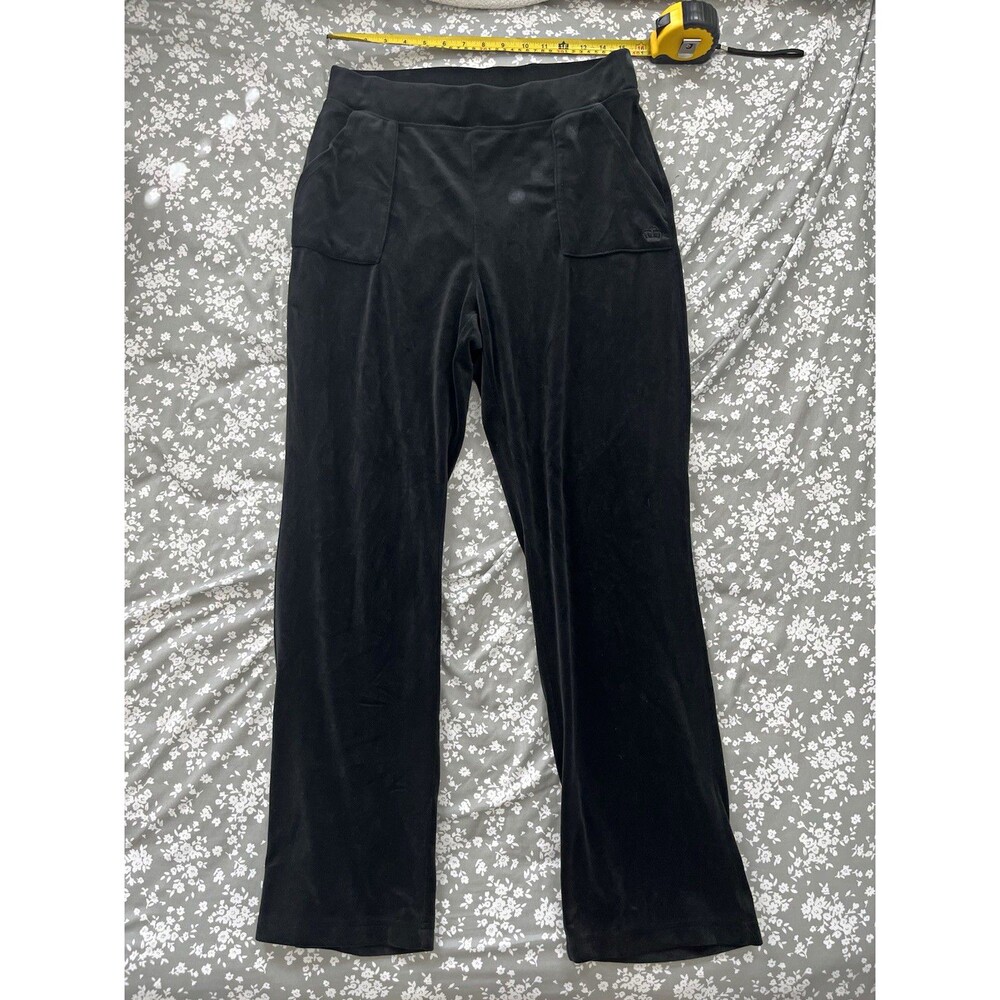Juicy Couture Women’s Black Velour Track Pants L Logo Pockets Straight Leg